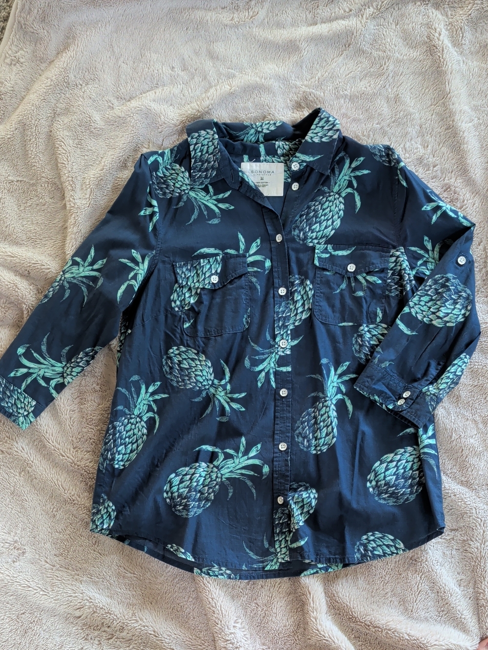 Sonoma Life + style Blue Pineapple Print Tropical Cotton Button Up Shirt